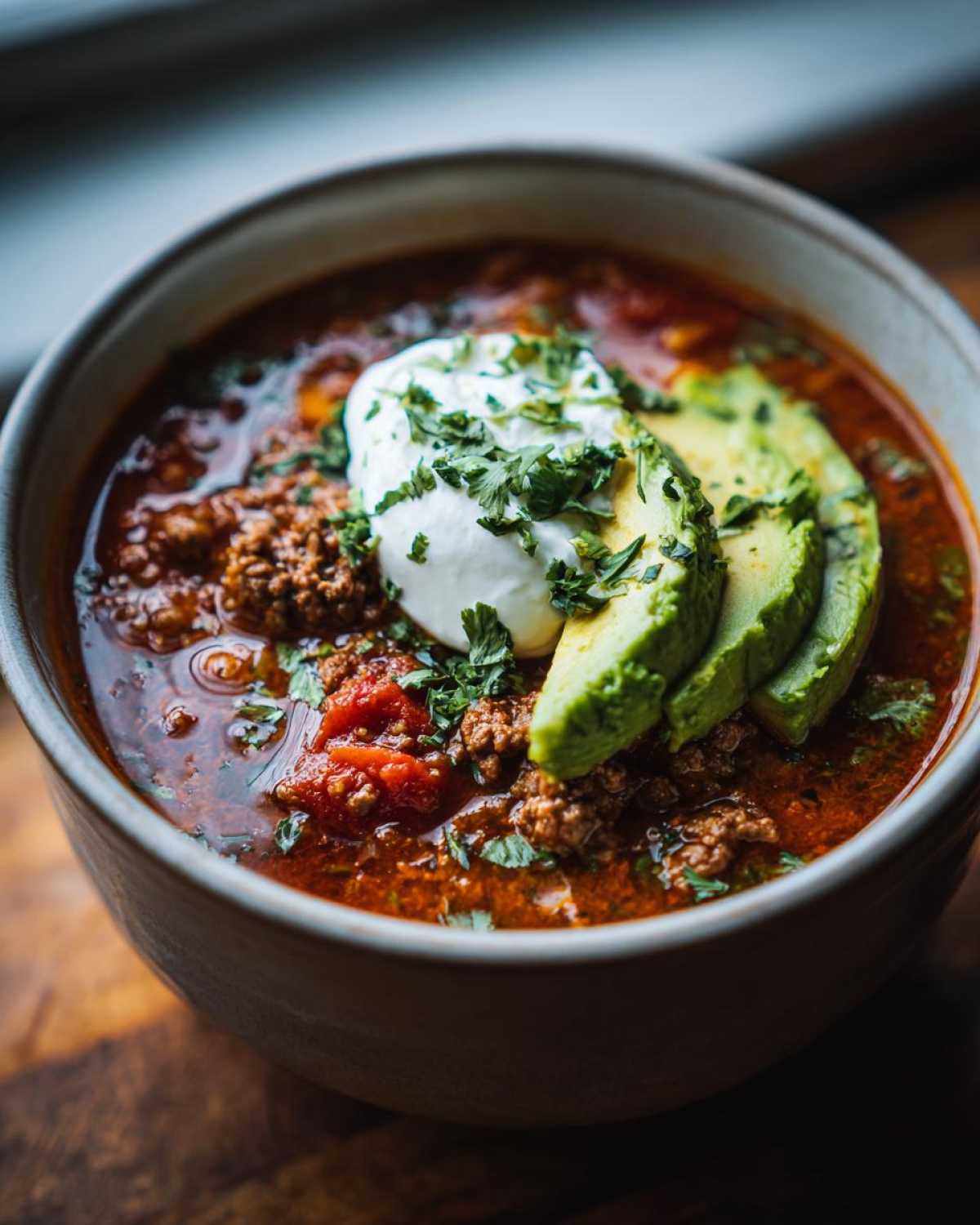 Close-up of a hearty bowl of Keto Taco Soup with Ground Beef, topped with sour cream, avocado slices, and fresh cilantro.