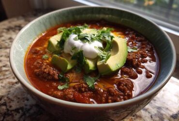 A close-up of a steaming bowl of Keto Taco Soup with Ground Beef, topped with avocado, sour cream, and cilantro.