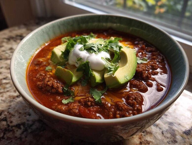 A close-up of a steaming bowl of Keto Taco Soup with Ground Beef, topped with avocado, sour cream, and cilantro.