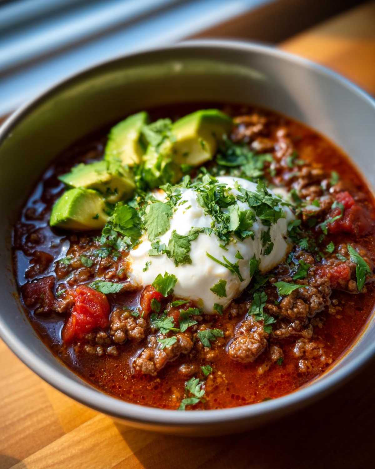 Close-up of a bowl of rich Keto Taco Soup with Ground Beef topped with sour cream, avocado slices, and cilantro.