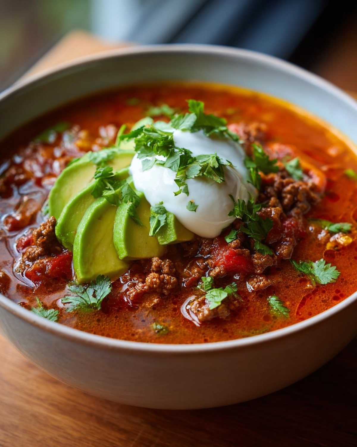 Close-up of a bowl of rich, red Keto Taco Soup with Ground Beef, topped with avocado slices, sour cream, and cilantro.