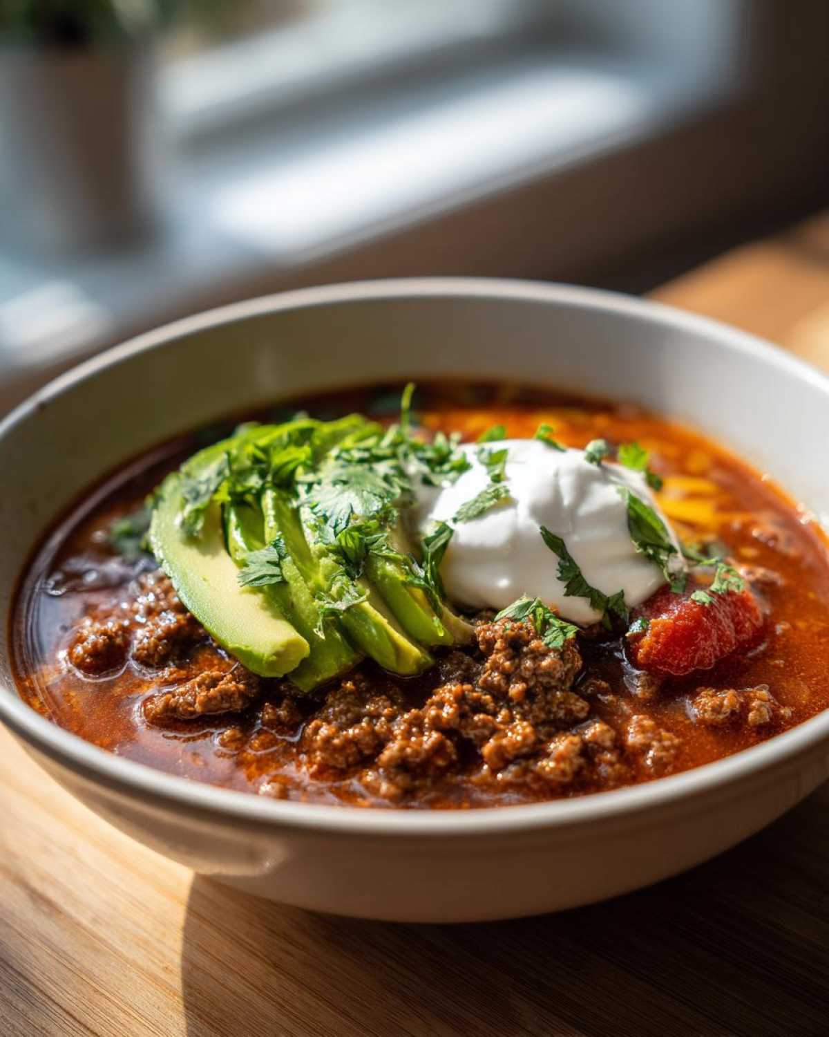 A bowl of rich Keto Taco Soup with Ground Beef topped with sliced avocado, sour cream, and cilantro.