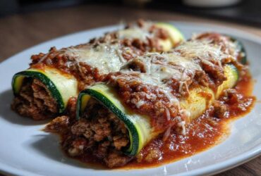 Two Keto Zucchini Lasagna Roll-Ups filled with meat sauce and topped with melted cheese, served on a white plate.