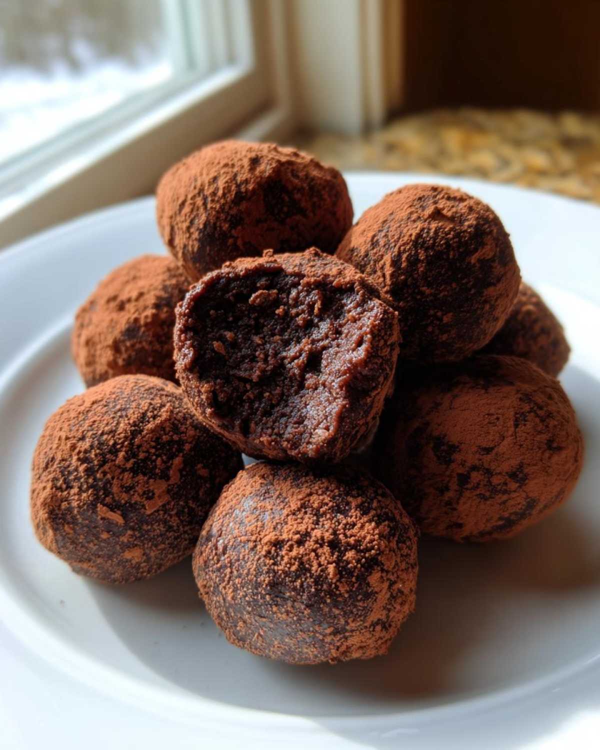 A stack of fudgy No-Bake Brownie Batter Protein Balls dusted heavily with cocoa powder on a white plate.