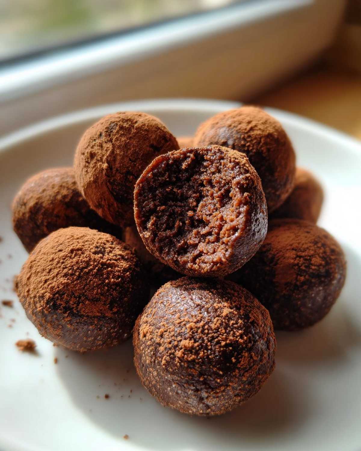 A pile of rich, fudgy No-Bake Brownie Batter Protein Balls dusted heavily with cocoa powder.