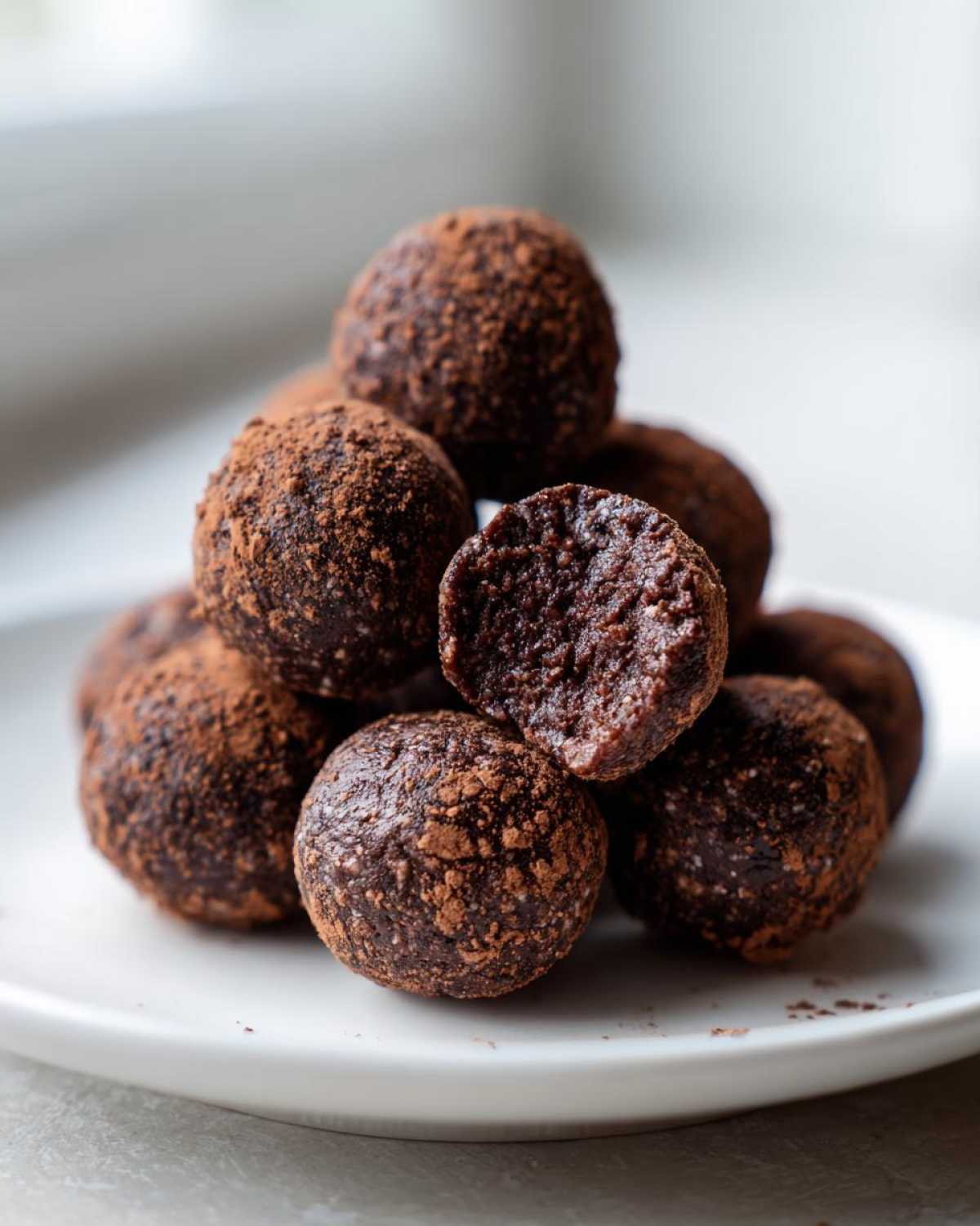 A stack of fudgy No-Bake Brownie Batter Protein Balls dusted with cocoa powder, one is broken open.