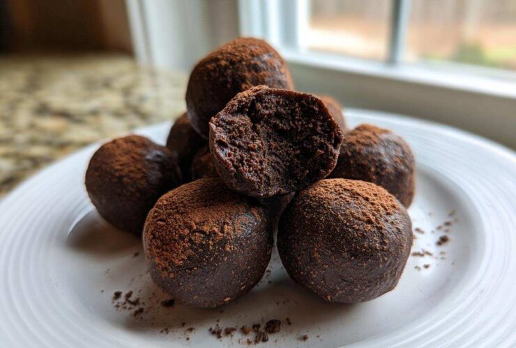 A stack of fudgy No-Bake Brownie Batter Protein Balls dusted with cocoa powder on a white plate.