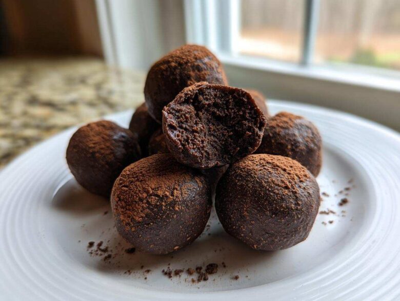 A stack of fudgy No-Bake Brownie Batter Protein Balls dusted with cocoa powder on a white plate.