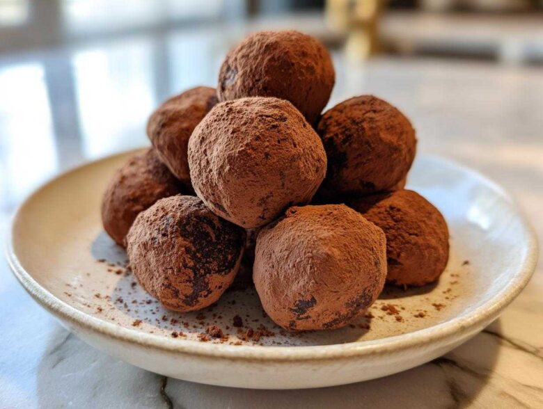 A stack of rich, cocoa-dusted No-Bake Chocolate Chip Cookie Dough Truffles piled on a small, light-colored plate.