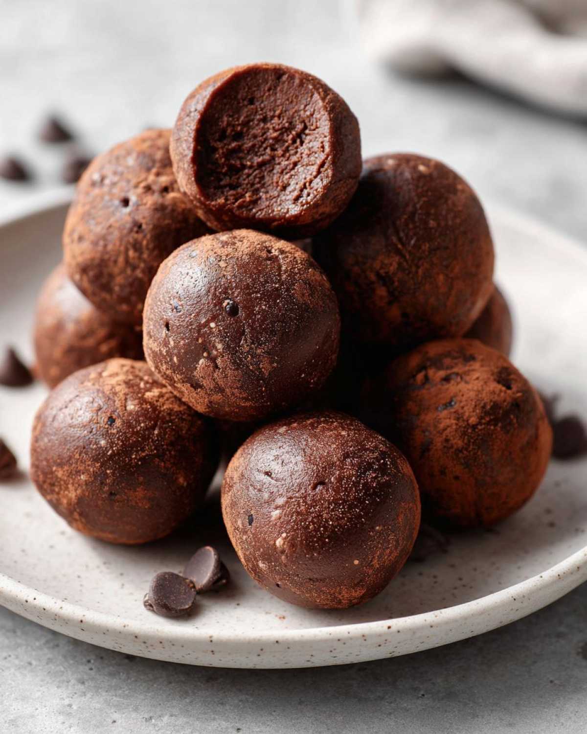 A stack of rich, cocoa-dusted No-Bake Chocolate Chip Cookie Dough Truffles, with one bitten open.