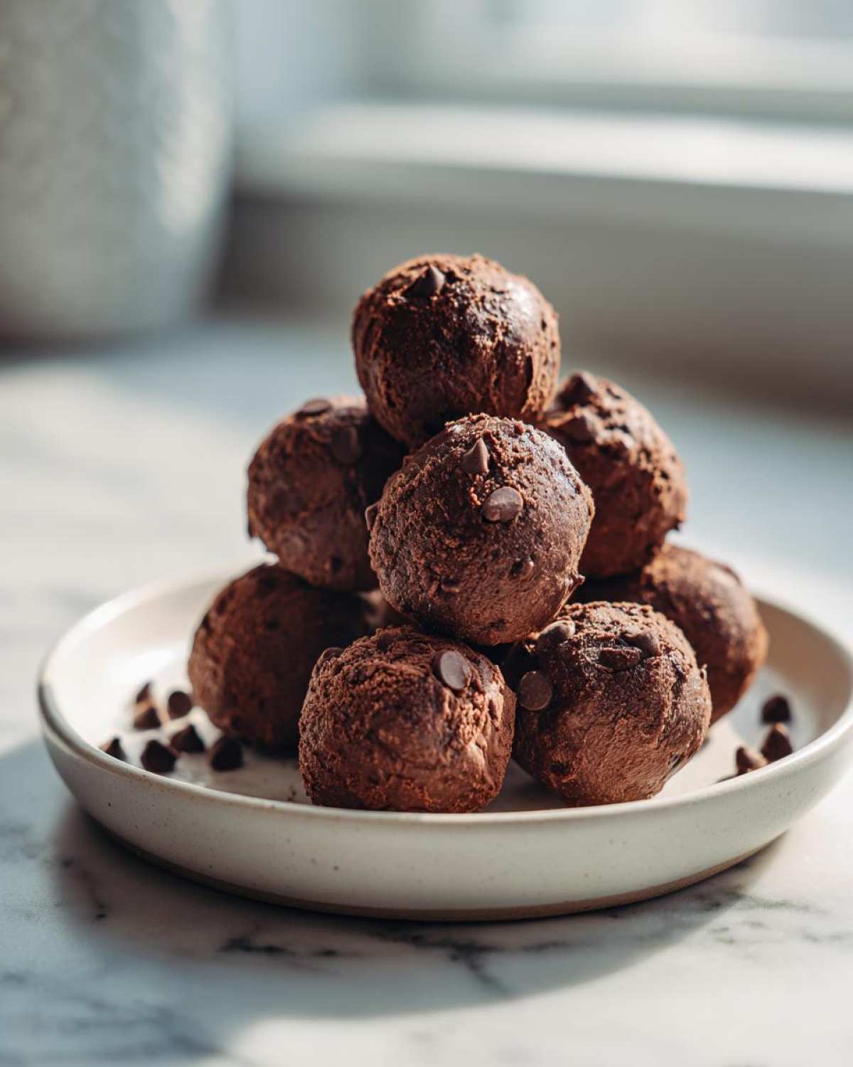 A stack of rich, dark No-Bake Chocolate Chip Cookie Dough Truffles dusted with cocoa and mini chips.