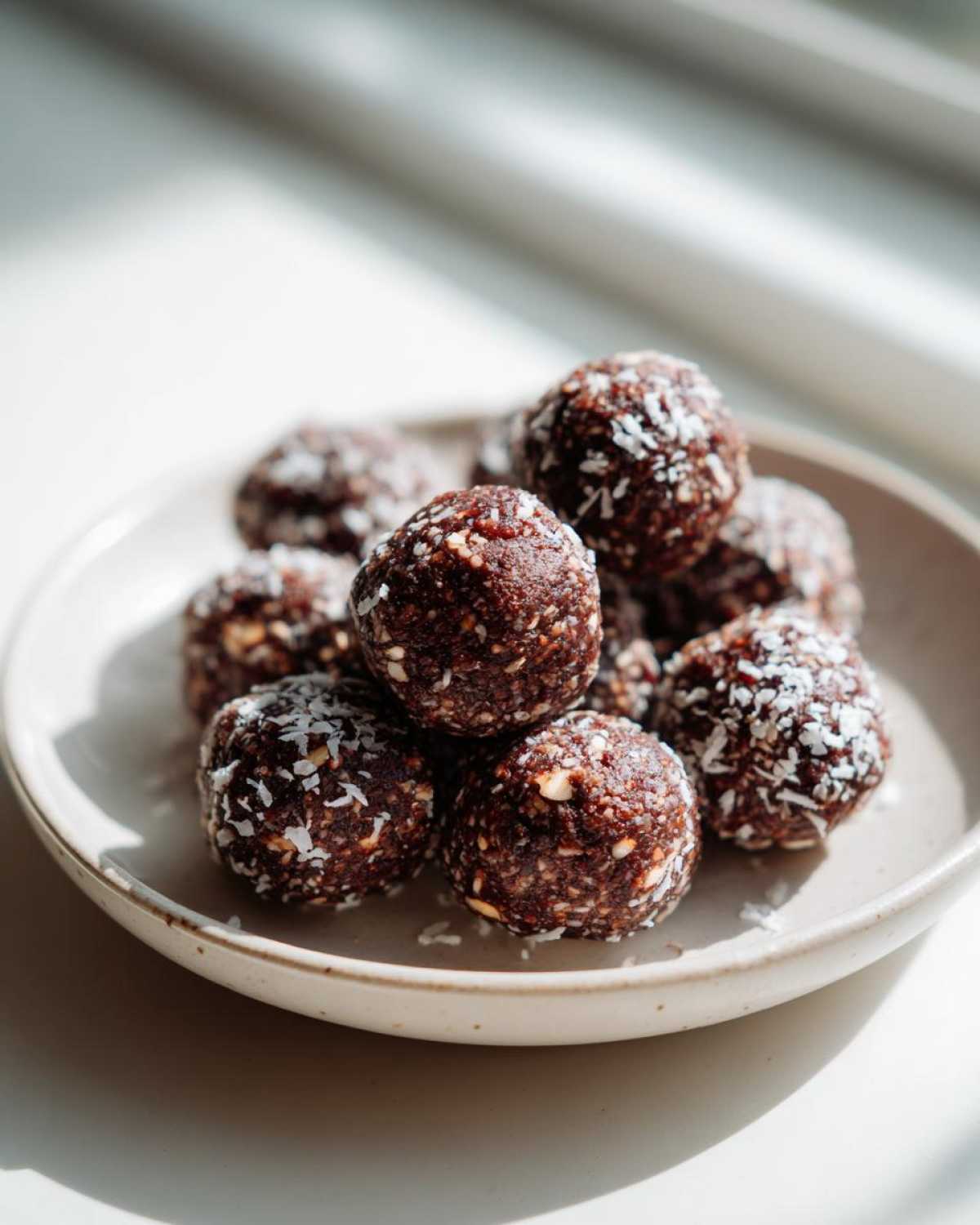 A pile of No-Bake Chocolate Hazelnut Crunch Balls rolled in shredded coconut on a light ceramic plate.