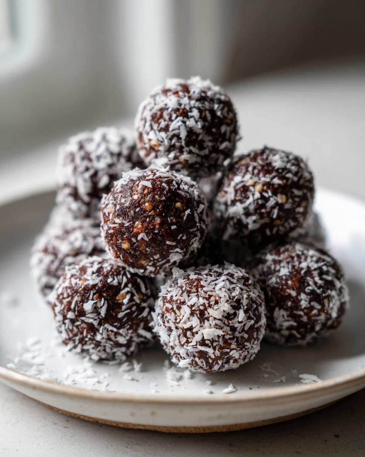 A stack of rich, dark No-Bake Chocolate Hazelnut Crunch Balls rolled in shredded coconut on a light plate.