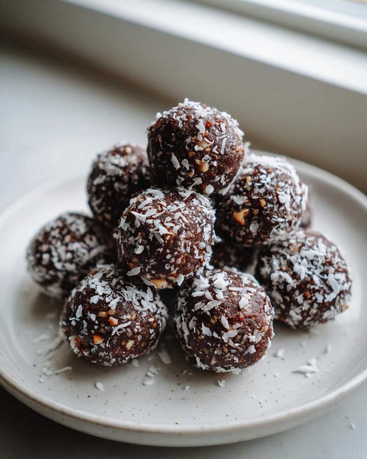 A stack of rich, dark No-Bake Chocolate Hazelnut Crunch Balls rolled in shredded coconut on a light plate.