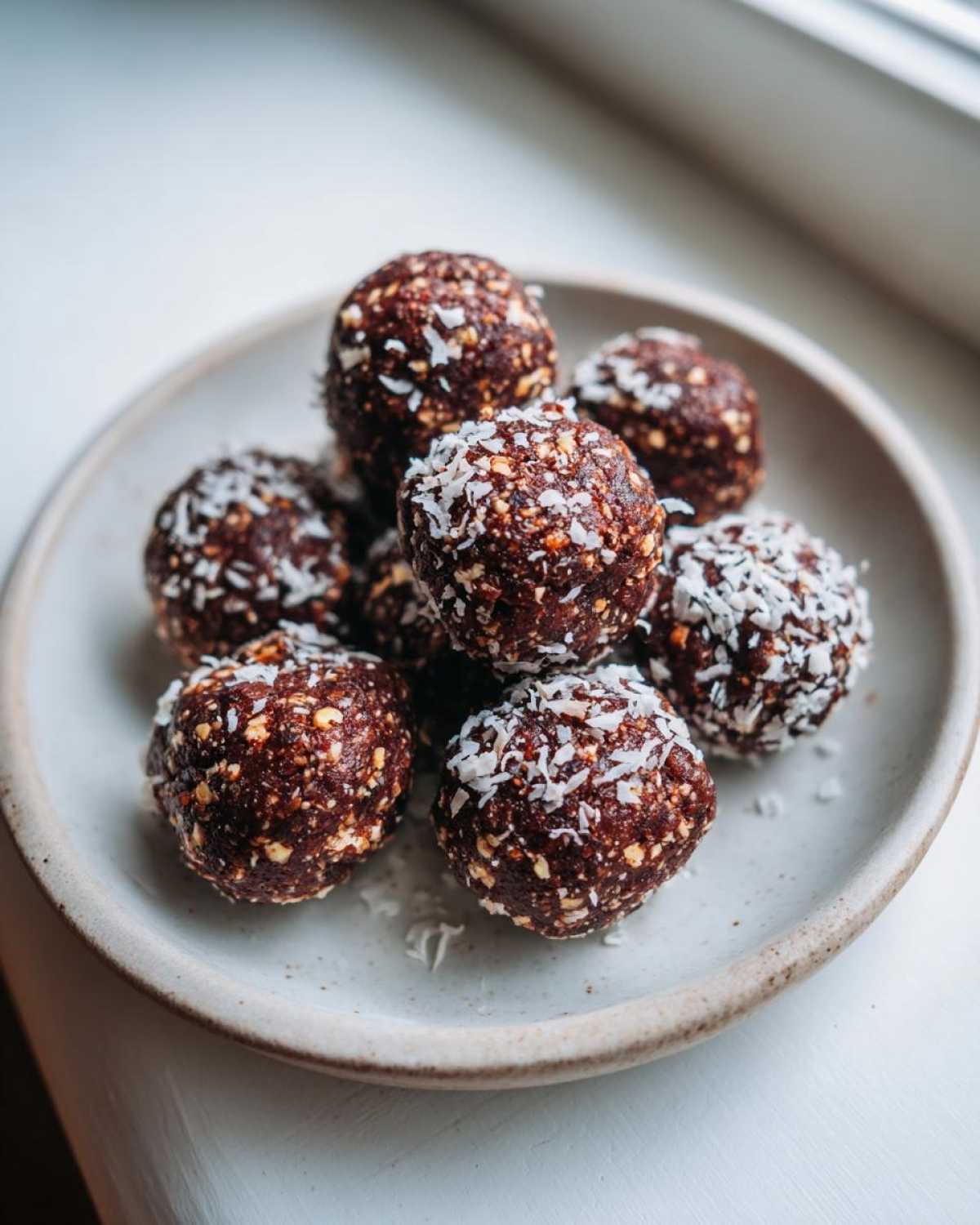 A pile of rich, dark No-Bake Chocolate Hazelnut Crunch Balls rolled in shredded coconut, served on a small ceramic plate.