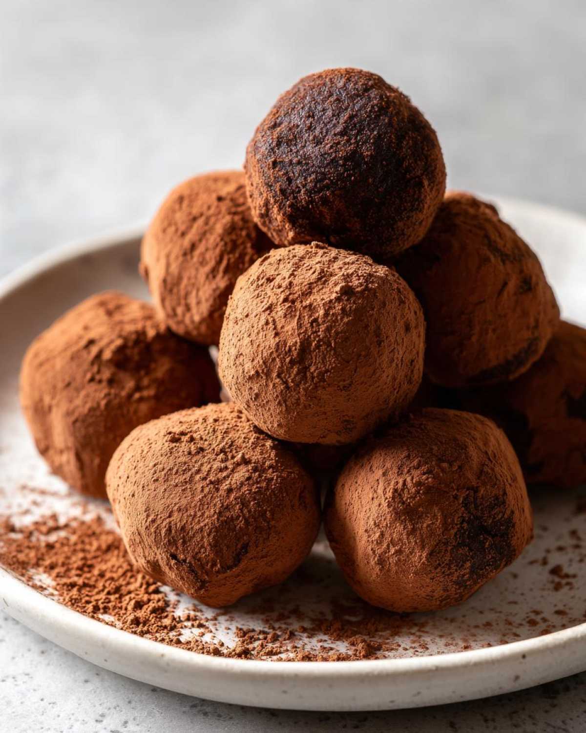 A stack of rich, round No-Bake Chocolate Orange Truffles heavily dusted with cocoa powder on a light plate.