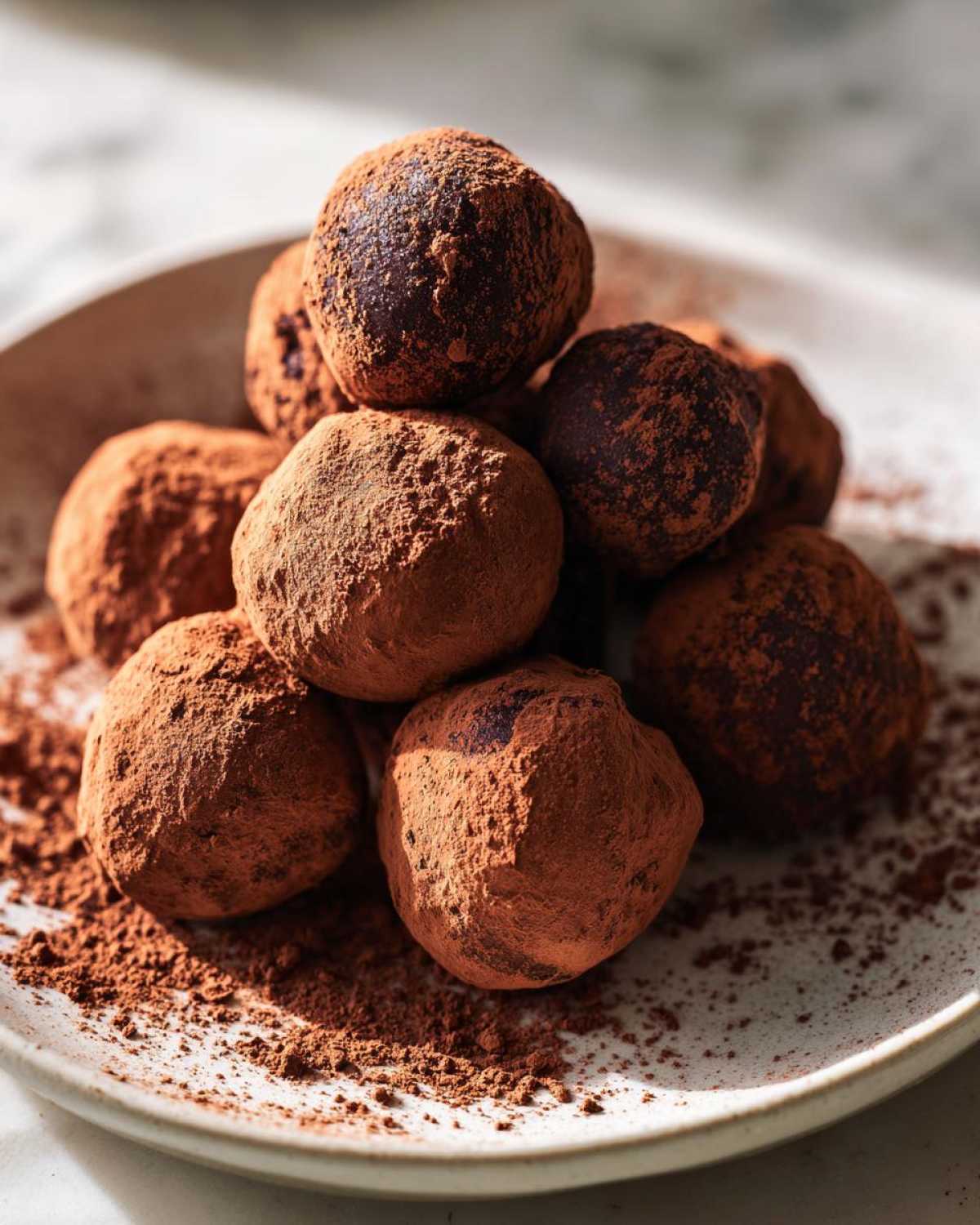A close-up of a pile of rich No-Bake Chocolate Orange Truffles heavily dusted with cocoa powder on a light plate.