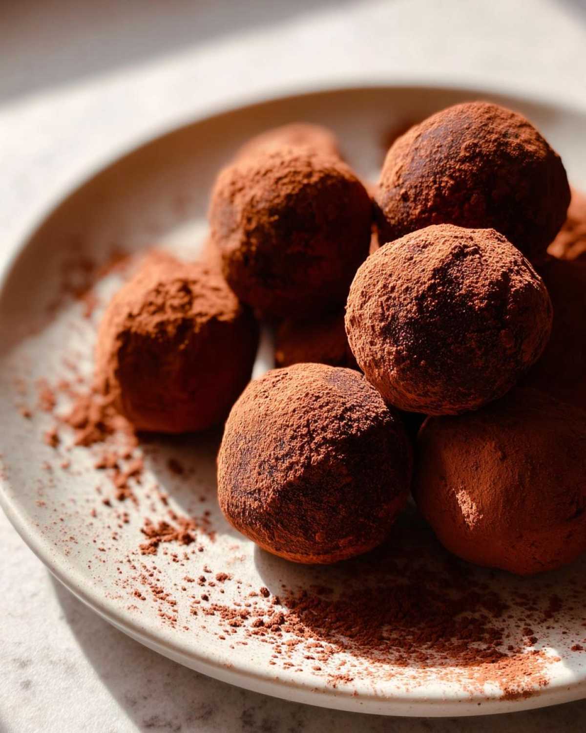 A close-up of several rich No-Bake Chocolate Orange Truffles piled on a light plate, heavily dusted with cocoa powder.