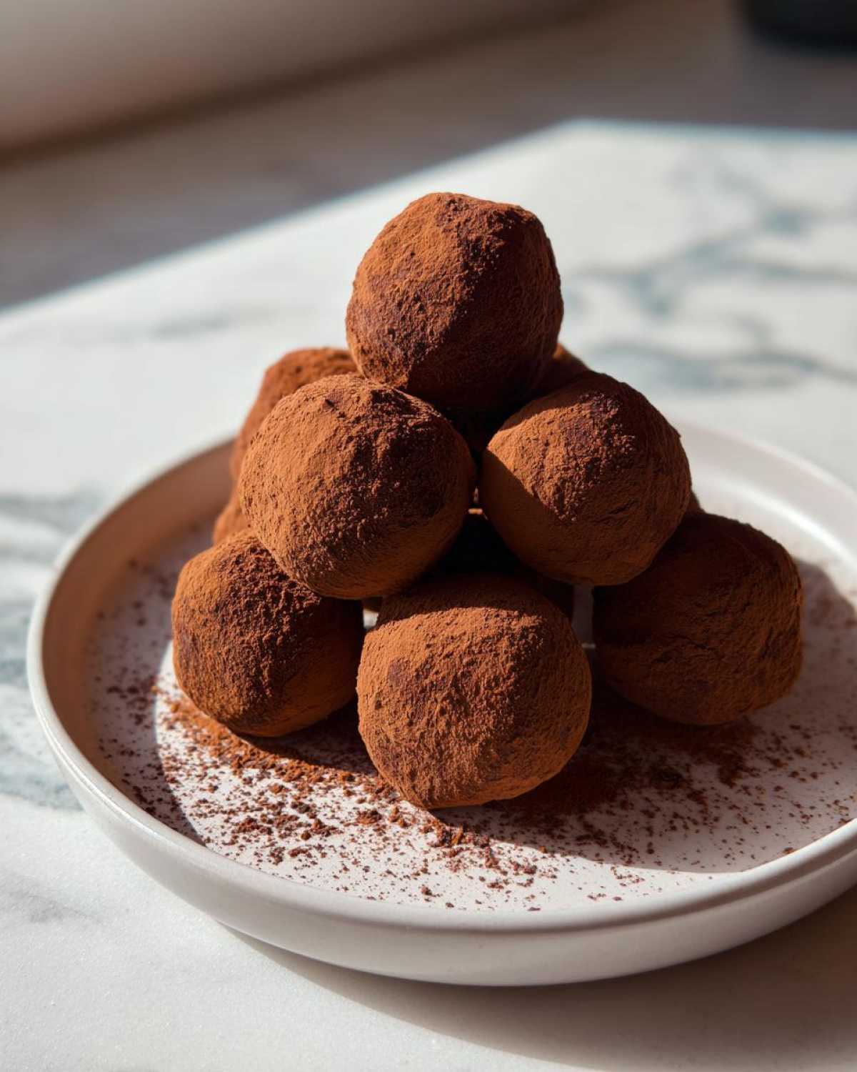 A stack of rich, cocoa-dusted No-Bake Chocolate Orange Truffles piled on a light ceramic plate.