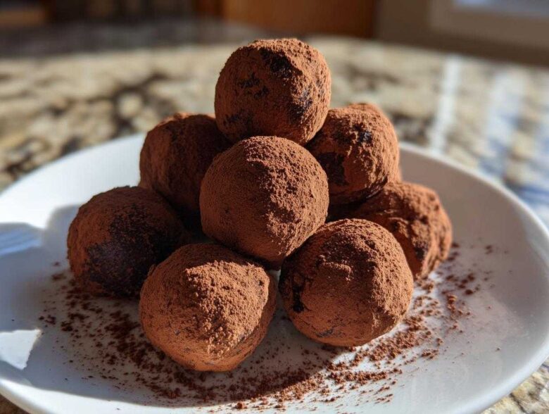 A stack of rich, dark No-Bake Chocolate Orange Truffles generously dusted with cocoa powder on a white plate.