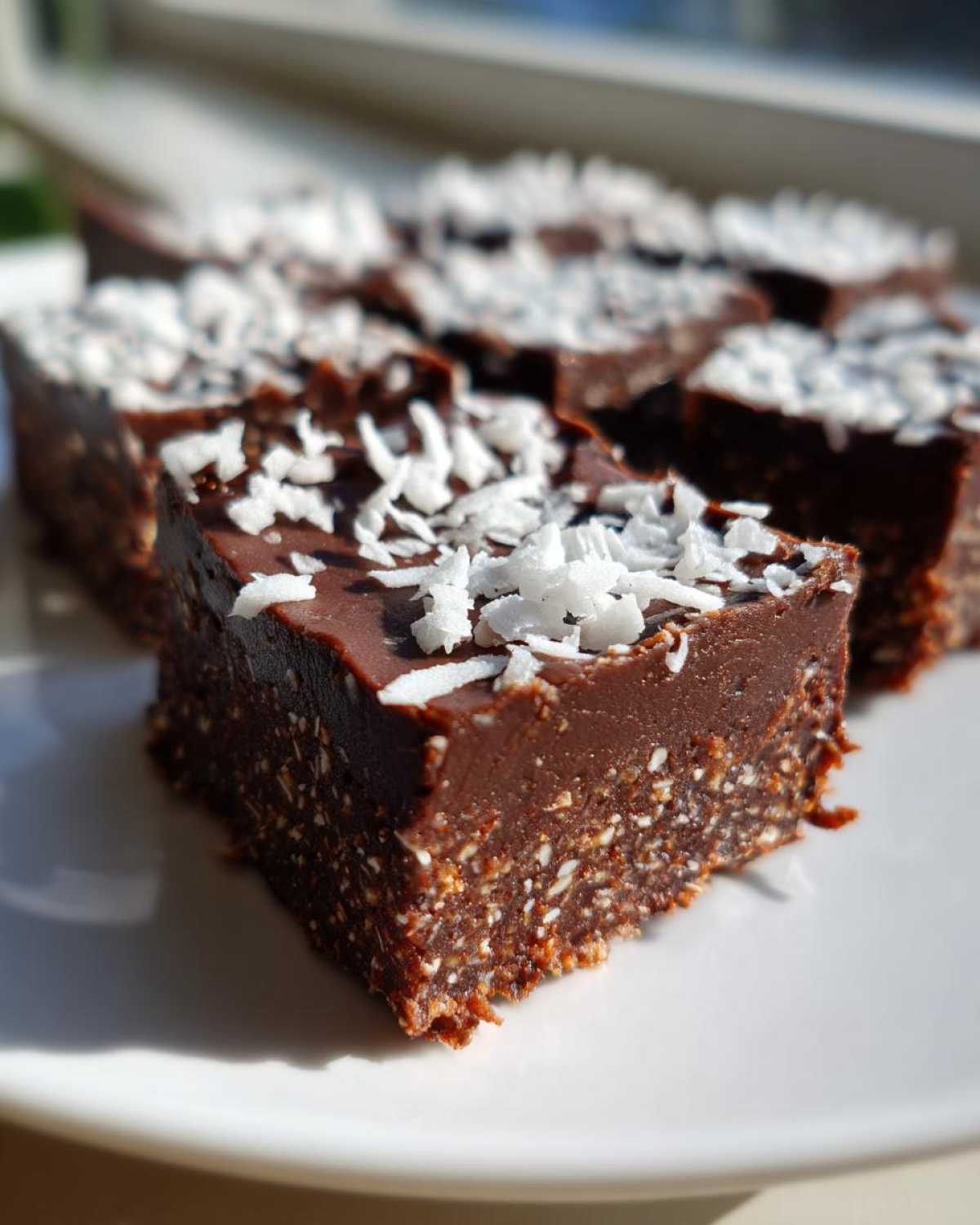A close-up of a rich, dark chocolate No-Bake Coconut Chocolate Date Bars topped with shredded coconut.
