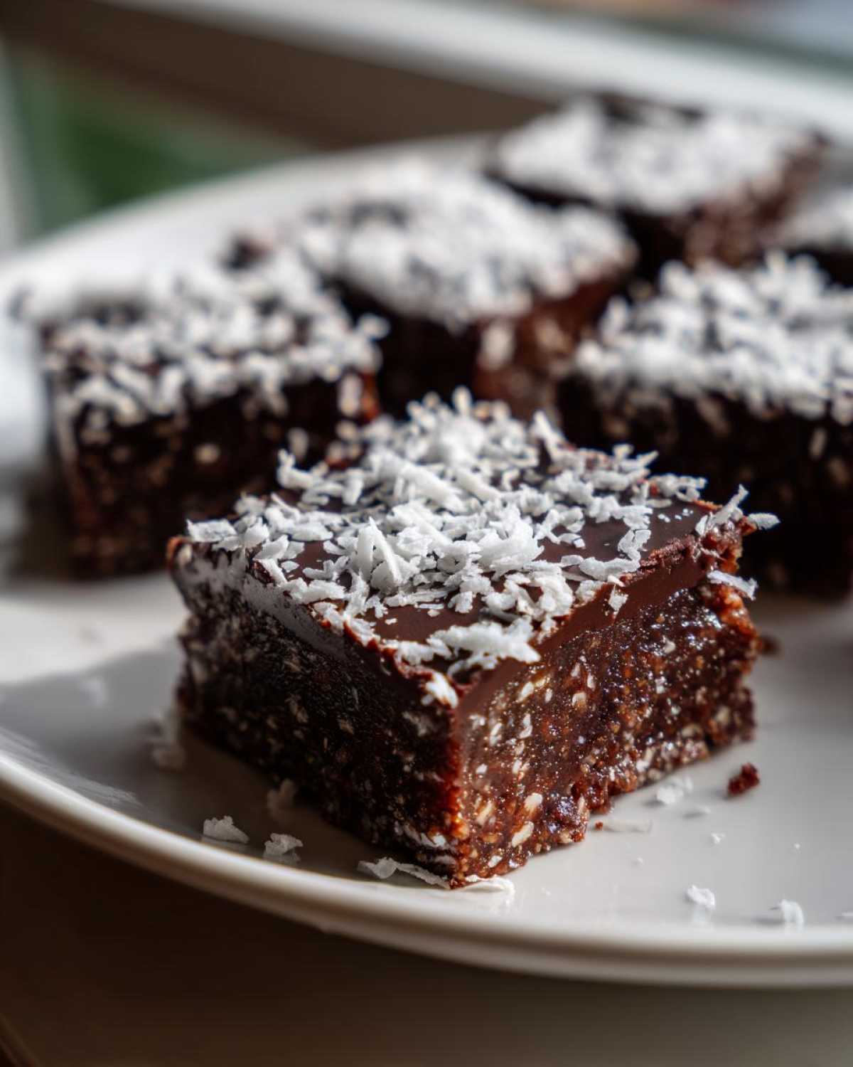 A single square of rich, dark No-Bake Coconut Chocolate Date Bars topped with shredded coconut.