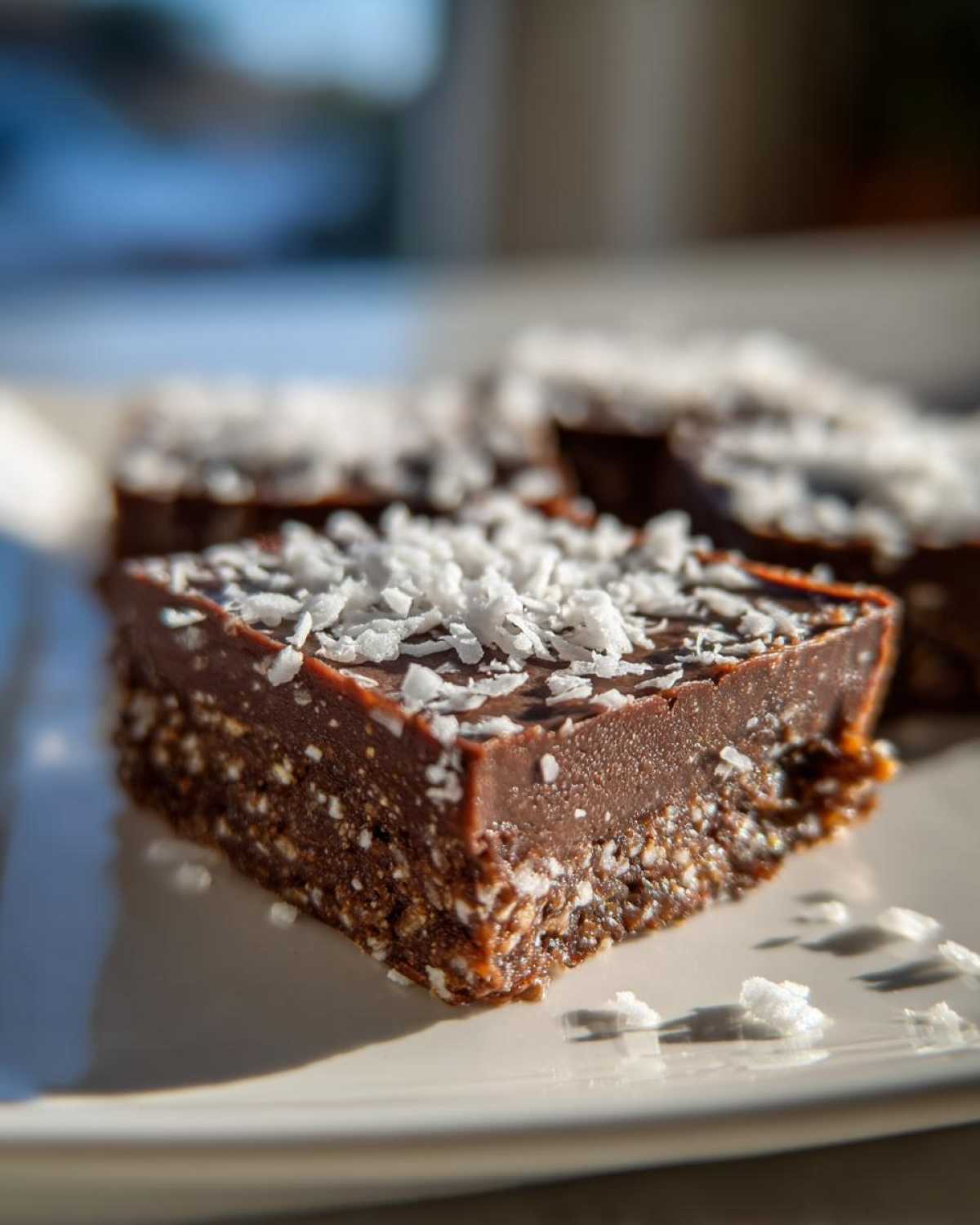 Close-up of a rich, square No-Bake Coconut Chocolate Date Bar topped with shredded coconut.