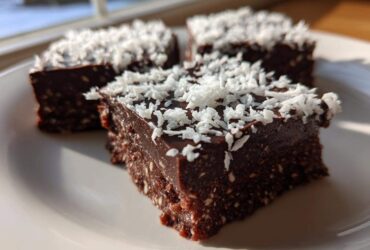Three squares of rich, dark No-Bake Coconut Chocolate Date Bars topped with shredded coconut.