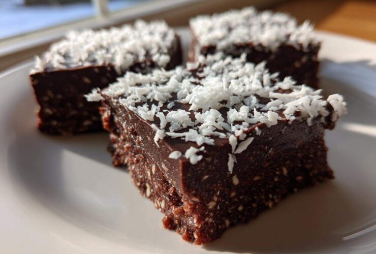 Three squares of rich, dark No-Bake Coconut Chocolate Date Bars topped with shredded coconut.