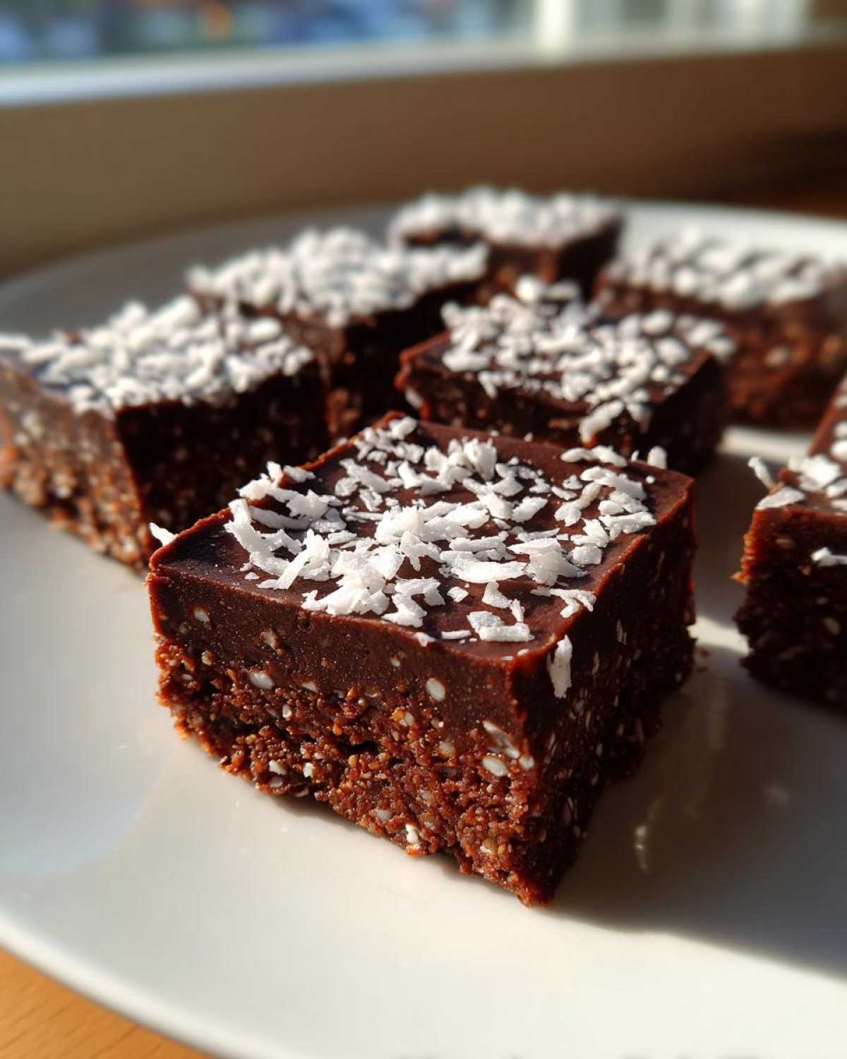 Close-up of rich, dark No-Bake Coconut Chocolate Date Bars topped with shredded coconut.