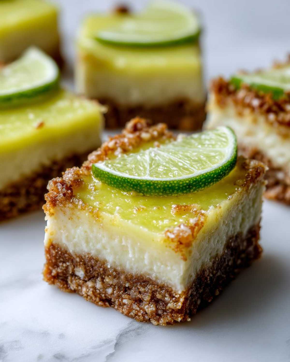A close-up of a square No-Bake Coconut Lime Bars piece showing the crust, creamy filling, and lime topping.