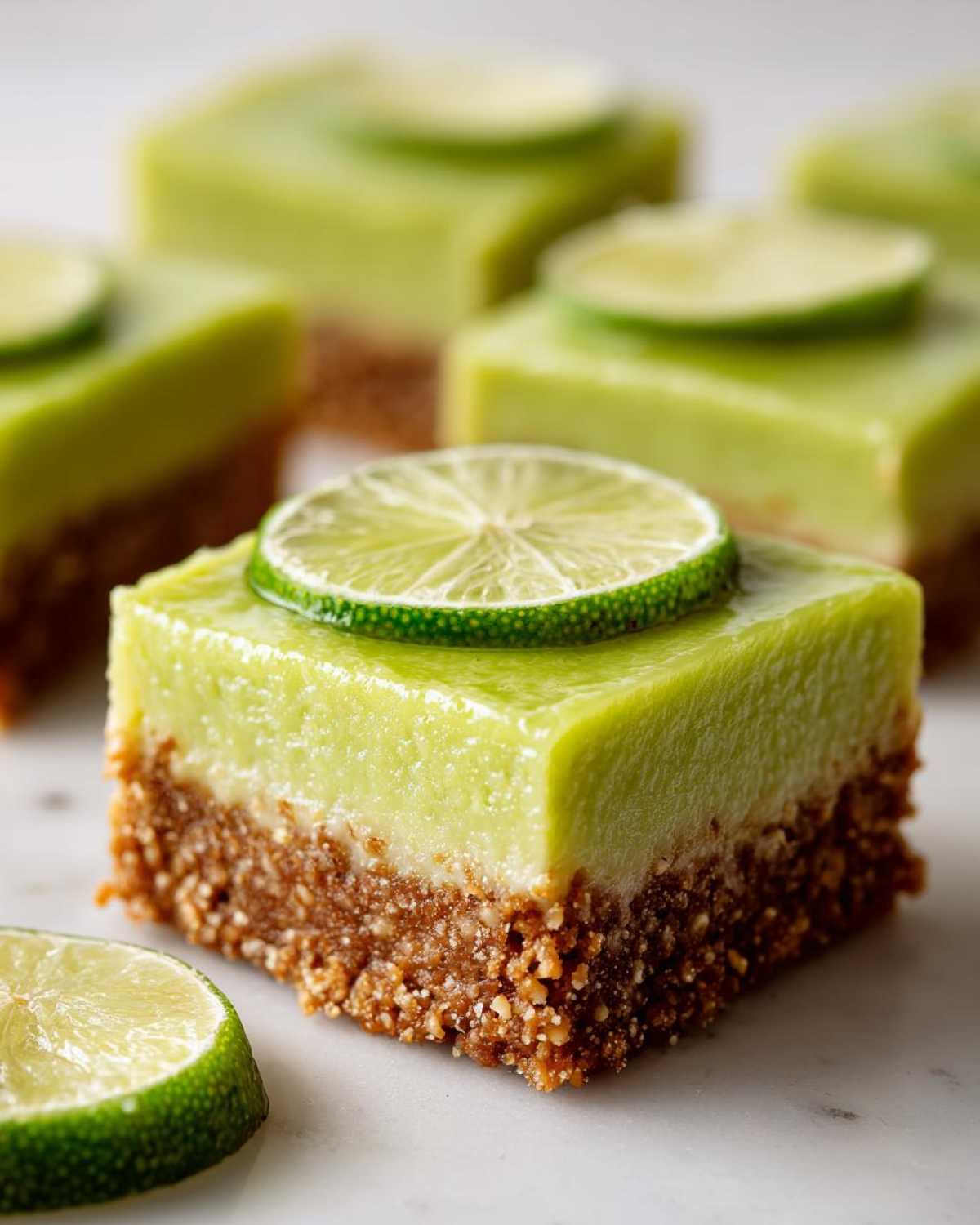 Close-up of a square No-Bake Coconut Lime Bars slice showing the graham cracker crust and bright green topping, garnished with a lime slice.