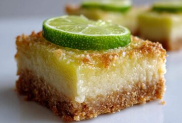A close-up of a single square of No-Bake Coconut Lime Bars, featuring a thick crust and creamy filling, topped with a thin slice of fresh lime.