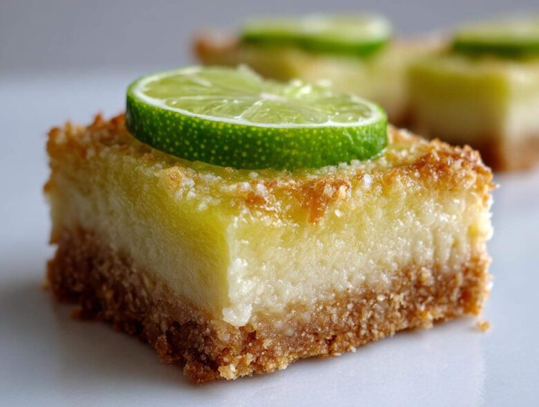 A close-up of a single square of No-Bake Coconut Lime Bars, featuring a thick crust and creamy filling, topped with a thin slice of fresh lime.