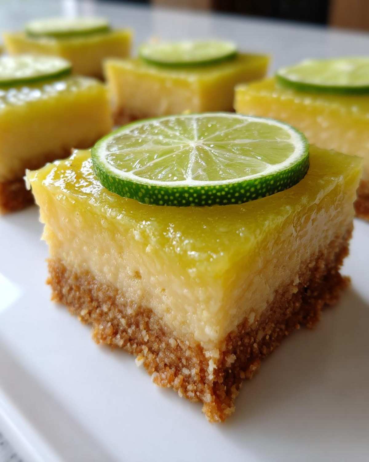 A square portion of No-Bake Coconut Lime Bars showing a graham cracker crust and bright yellow filling, topped with a fresh lime slice.