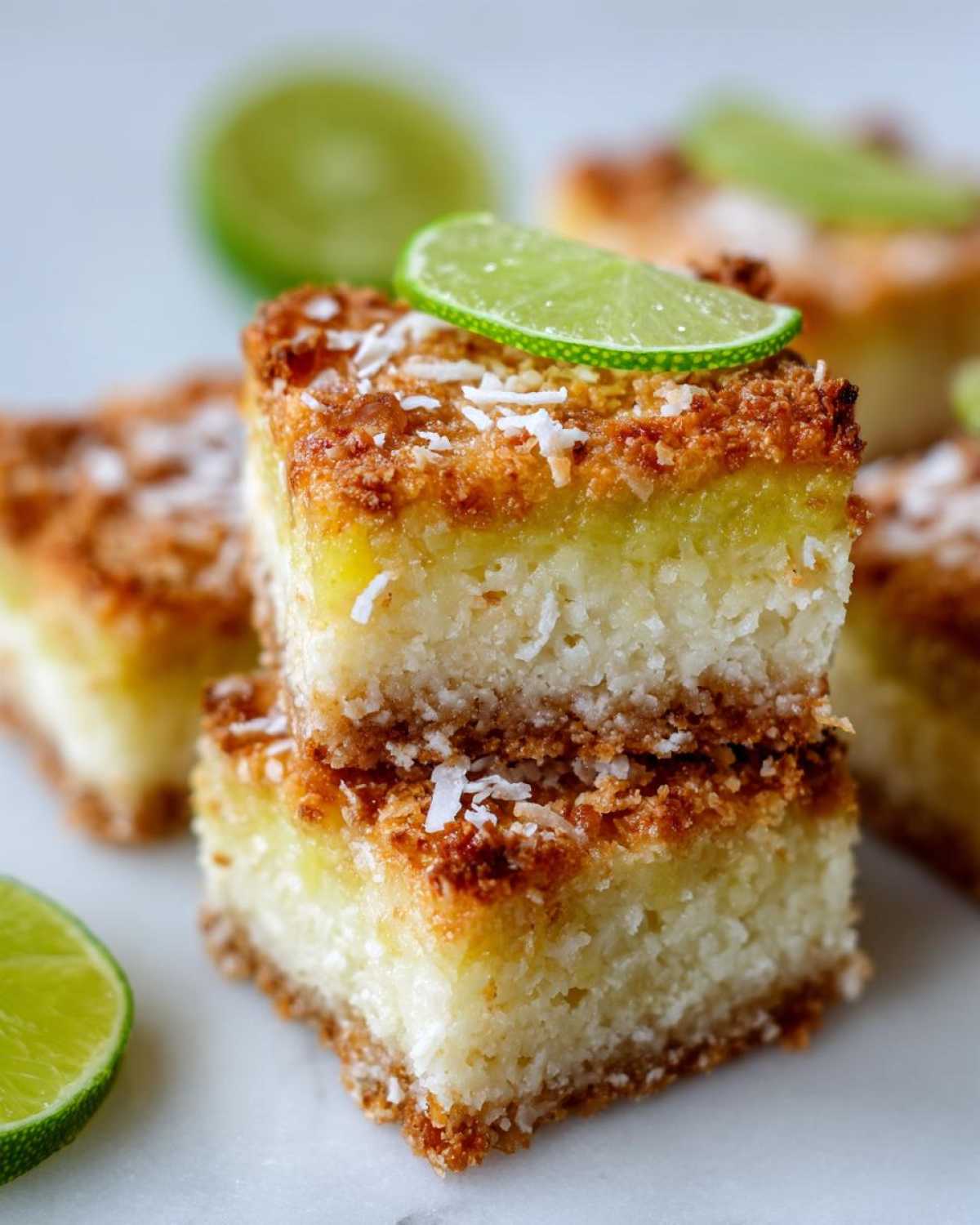 Two stacked No-Bake Coconut Lime Bars topped with toasted coconut and a fresh lime slice.