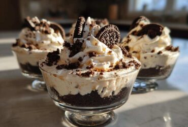 Close-up of individual No-Bake Cookies and Cream Pie Cups topped with whipped cream and Oreo pieces.