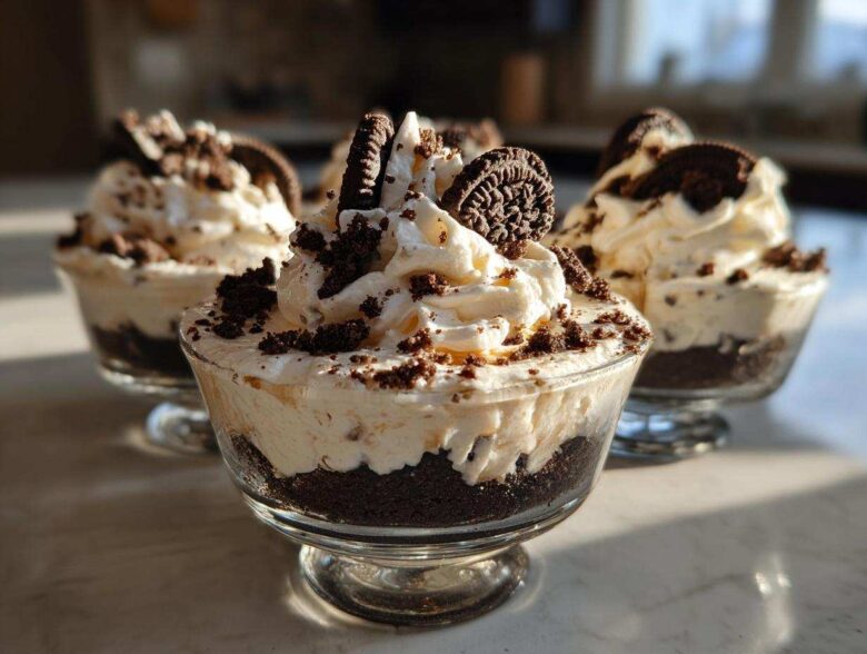 Close-up of individual No-Bake Cookies and Cream Pie Cups topped with whipped cream and Oreo pieces.