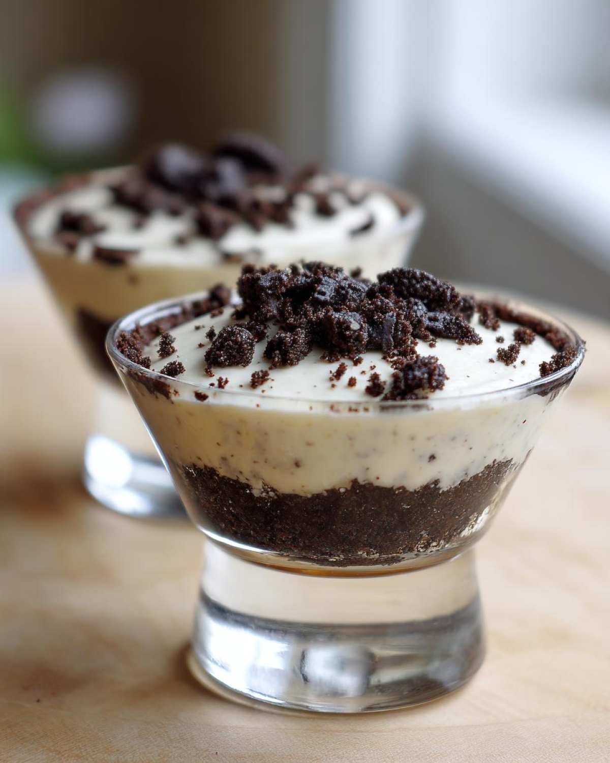 Close-up of a No-Bake Cookies and Cream Pie Cup with a dark chocolate crust and creamy filling topped with cookie crumbs.