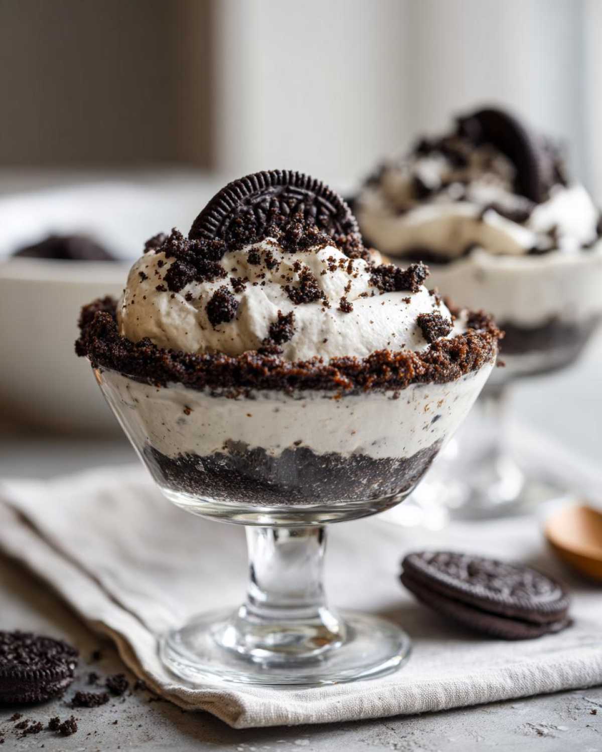 A close-up of a glass serving of No-Bake Cookies and Cream Pie Cups topped with whipped cream and a whole cookie.