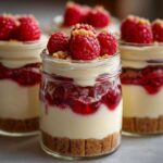Three No-Bake Raspberry White Chocolate Cheesecake Jars layered with crust, cream, and fresh raspberries.