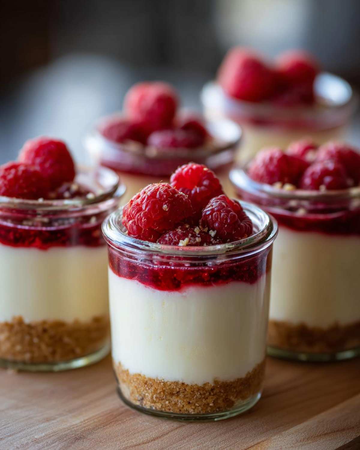 Close-up of several No-Bake Raspberry White Chocolate Cheesecake Jars layered with graham cracker crust, creamy filling, and topped with fresh raspberries.