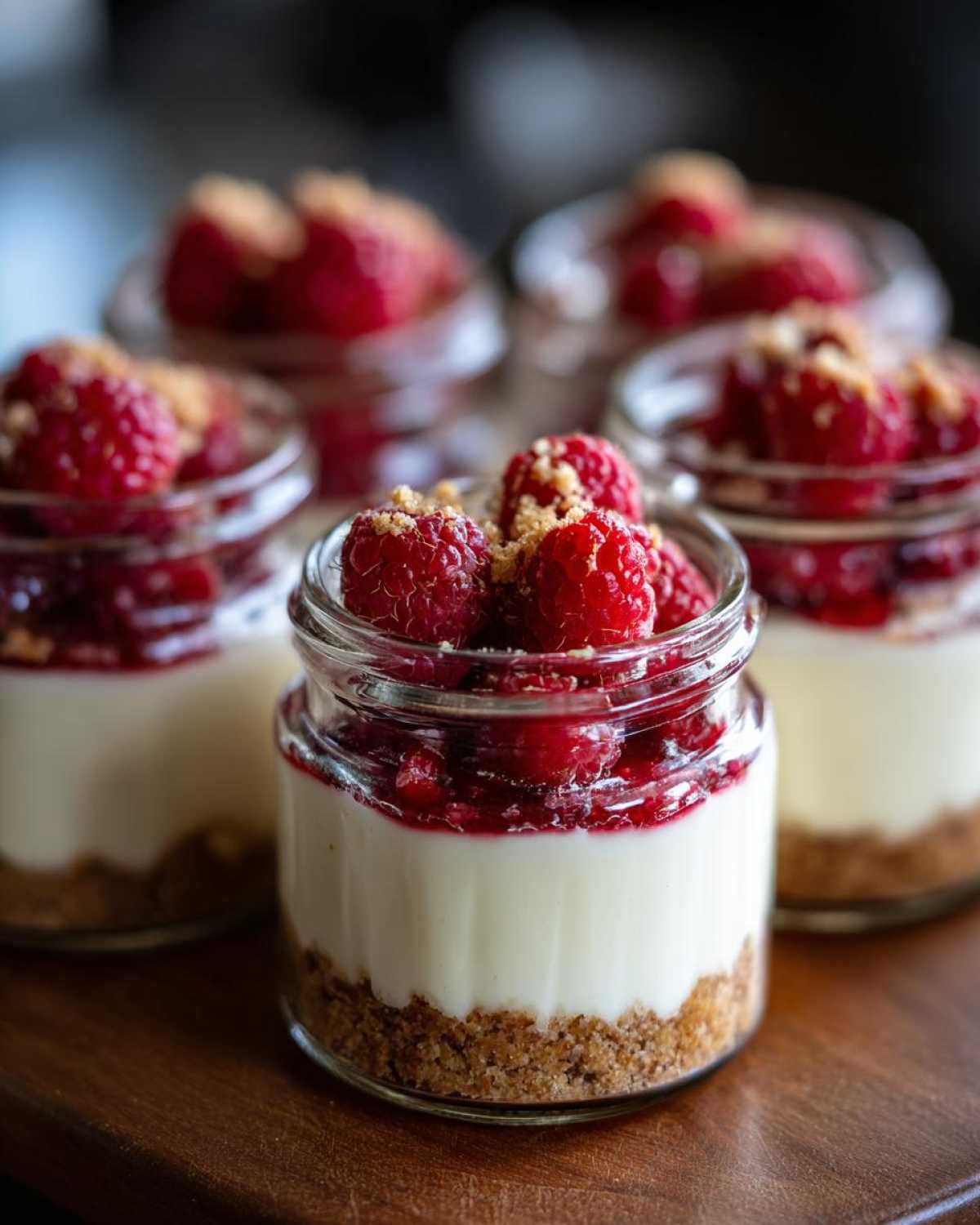 A close-up of one No-Bake Raspberry White Chocolate Cheesecake Jar topped with fresh raspberries and crumbs.