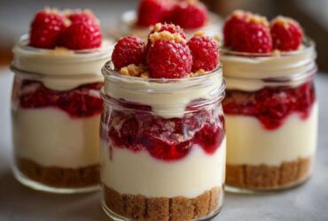 Three No-Bake Raspberry White Chocolate Cheesecake Jars layered with crust, cream, and fresh raspberries.