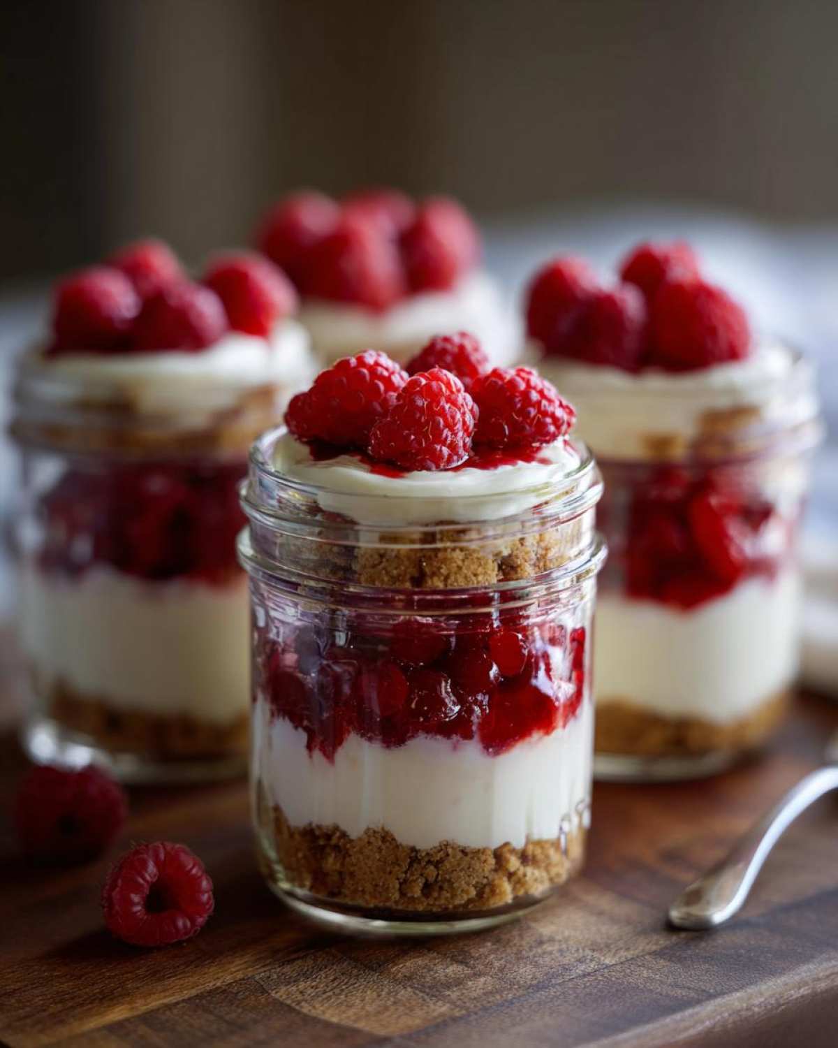 Close-up of a No-Bake Raspberry White Chocolate Cheesecake Jar layered with crust, cream, and topped with fresh raspberries.