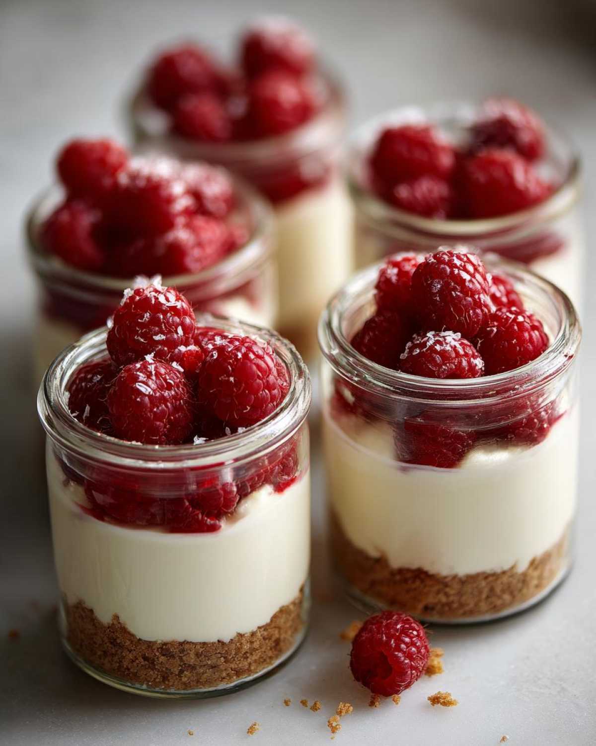 Close-up of several No-Bake Raspberry White Chocolate Cheesecake Jars layered with graham cracker crust and creamy filling, topped with fresh raspberries.