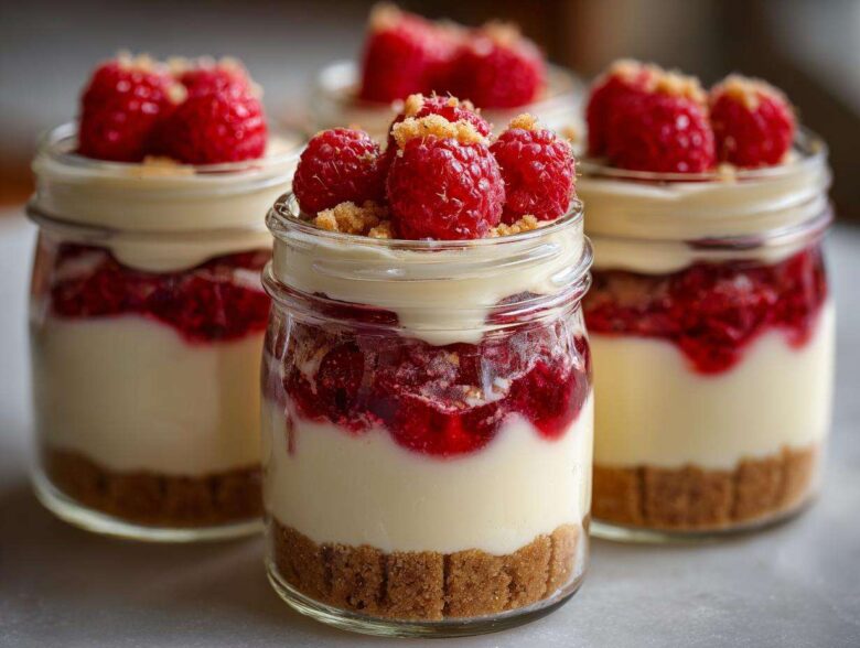 Three No-Bake Raspberry White Chocolate Cheesecake Jars layered with crust, cream, and fresh raspberries.