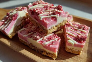 Close-up of stacked No-Bake Strawberry Cheesecake Bark squares with pink and white layers and freeze-dried strawberry topping.