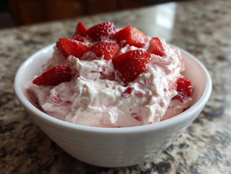 A close-up of fluffy No-Bake Strawberry Cheesecake Dip topped with fresh strawberry pieces in a white bowl.