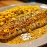 Close-up of a perfectly cooked fillet of One-Pan Creamy Cajun Catfish with Corn in a rich sauce.
